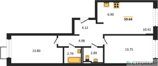 Планировка двухкомнатной(квартира) площадью 59.64 квадратных метров в “ЖК Егорово Парк”