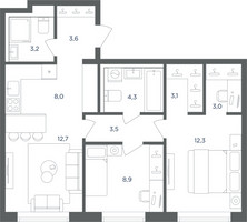 Планировка трехкомнатной(квартира) площадью 62.6 квадратных метров в “ЖК Равновесие”