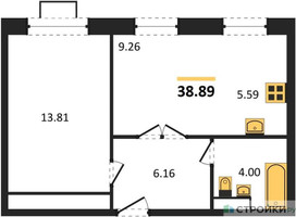 Планировка однокомнатной(апартаменты) площадью 38.89 квадратных метров в “ЖК Движение. Говорово”