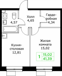 Планировка однокомнатной(квартира) площадью 41.39 квадратных метров в ЖК “ЖК КИТ 2”
