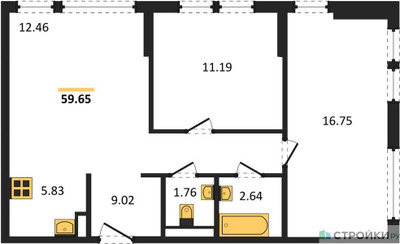 Планировка двухкомнатной(квартира) площадью 59.65 квадратных метров в ЖК “ЖК Остафьево”