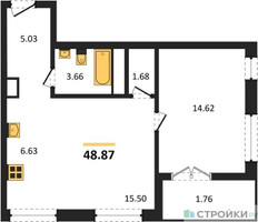 Планировка однокомнатной(квартира) площадью 48.87 квадратных метров в “ЖК Дюна”