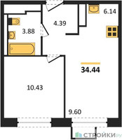 Планировка однокомнатной(квартира) площадью 33.9 квадратных метров в “ЖК Пригород Лесное”