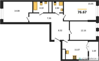 Планировка трехкомнатной(квартира) площадью 76.67 квадратных метров в “ЖК Дюна”
