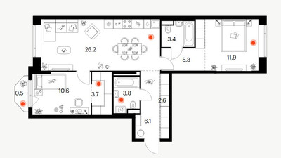 Планировка двухкомнатной(квартира) площадью 74.1 квадратных метров в ЖК “ЖК Саларьево парк”