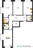 Планировка трехкомнатной(квартира) площадью 78.67 квадратных метров в “ЖК Рублевский Квартал”