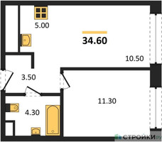 Планировка однокомнатной(квартира) площадью 34.6 квадратных метров в “Жилые кварталы Белый Град”