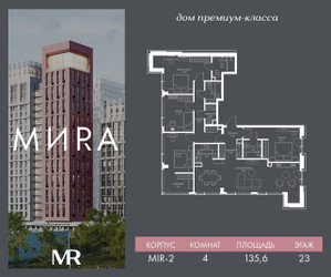 Планировка 4+ комнатной(квартира) площадью 135.6 квадратных метров в ЖК “Дом премиум-класса MIRA (Мира)”