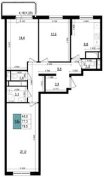 Планировка трехкомнатной(квартира) площадью 78.5 квадратных метров в ЖК “ЖК Одинцово Сити”