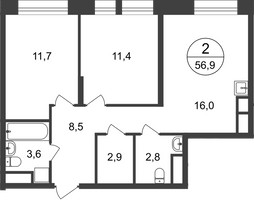 Планировка двухкомнатной(квартира) площадью 56.9 квадратных метров в “ЖК Первый Московский”