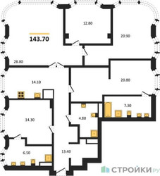 Планировка 4+ комнатной(квартира) площадью 143.7 квадратных метров в ЖК “ЖК Остров”