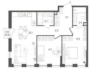 Планировка двухкомнатной(квартира) площадью 66.2 квадратных метров в ЖК “ЖК Pave (Пэйв)”