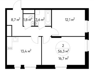 Планировка двухкомнатной(квартира) площадью 56.3 квадратных метров в ЖК “ЖК Первый Московский”