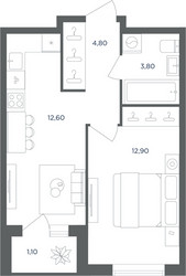 Планировка однокомнатной(квартира) площадью 34.9 квадратных метров в ЖК “ЖК Равновесие”