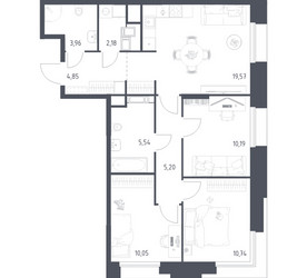 Планировка трехкомнатной(апартаменты) площадью 72.28 квадратных метров в ЖК “ЖК Апарт-отель Тропарево парк”