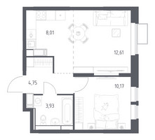 Планировка однокомнатной(квартира) площадью 39.47 квадратных метров в “ЖК Большое Путилково”