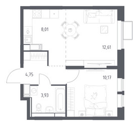 Планировка однокомнатной(квартира) площадью 39.47 квадратных метров в ЖК “ЖК Большое Путилково”