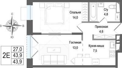 Планировка двухкомнатной(квартира) площадью 43.9 квадратных метров в ЖК “ЖК КИНОКВАРТАЛ”