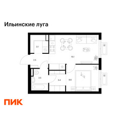 Планировка однокомнатной(квартира) площадью 36.2 квадратных метров в ЖК “ЖК Ильинские луга”
