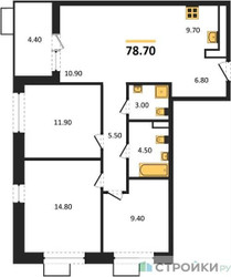 Планировка трехкомнатной(квартира) площадью 78.7 квадратных метров в ЖК “ЖК Бунинские кварталы”