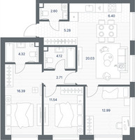 Планировка трехкомнатной(квартира) площадью 86.38 квадратных метров в “ЖК TATE (Тэйт)”