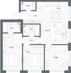 Планировка трехкомнатной(квартира) площадью 86.38 квадратных метров в ЖК “ЖК TATE (Тэйт)”