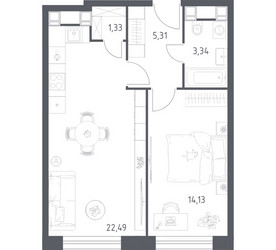 Планировка однокомнатной(апартаменты) площадью 46.6 квадратных метров в ЖК “ЖК Пятницкое 58 (Перец)”
