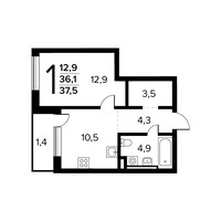 Планировка однокомнатной(квартира) площадью 37.5 квадратных метров в “Новые Ватутинки. Заречный”