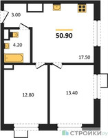 Планировка двухкомнатной(квартира) площадью 50.9 квадратных метров в “ЖК Foreville (Форевилль)”