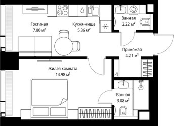 Планировка однокомнатной(квартира) площадью 37.65 квадратных метров в ЖК “ЖК Веер”