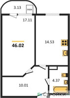 Планировка однокомнатной(квартира) площадью 46.02 квадратных метров в “ЖК Дом‐Мегалит в Королёве”