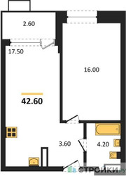Планировка однокомнатной(квартира) площадью 42.6 квадратных метров в ЖК “ЖК Прокшино”