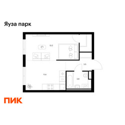 Планировка однокомнатной(квартира) площадью 33.9 квадратных метров в ЖК “ЖК Яуза Парк (Мытищи)”