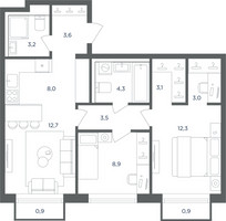 Планировка трехкомнатной(квартира) площадью 63.2 квадратных метров в “ЖК Равновесие”