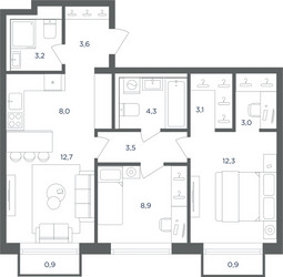 Планировка трехкомнатной(квартира) площадью 63.2 квадратных метров в ЖК “ЖК Равновесие”