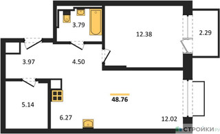 Планировка однокомнатной(квартира) площадью 48.76 квадратных метров в “ЖК Долина Яузы”