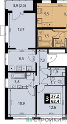 Планировка трехкомнатной(квартира) площадью 62.4 квадратных метров в “ЖК ЮЖНАЯ БИТЦА”