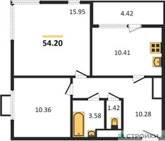 Планировка двухкомнатной(квартира) площадью 54.2 квадратных метров в “ЖК Одинград. Квартал Семейный”