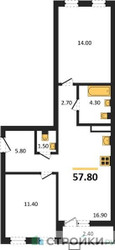 Планировка двухкомнатной(квартира) площадью 57.8 квадратных метров в ЖК “ЖК Деснаречье”