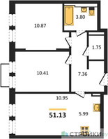 Планировка двухкомнатной(квартира) площадью 51.13 квадратных метров в “ЖК Квартал Строгино”