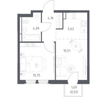 Планировка однокомнатной(квартира) площадью 35.65 квадратных метров в “ЖК Космический Квартал”
