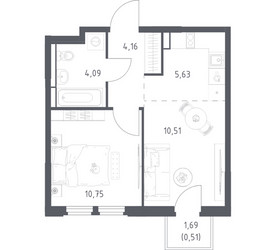 Планировка однокомнатной(квартира) площадью 35.65 квадратных метров в ЖК “ЖК Космический Квартал”
