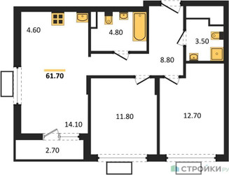 Планировка двухкомнатной(квартира) площадью 61 квадратных метров в ЖК “ЖК Деснаречье”