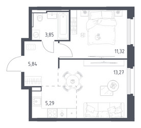 Планировка однокомнатной(квартира) площадью 39.57 квадратных метров в ЖК “ЖК Квартал Строгино”