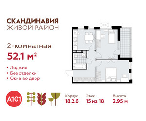 Планировка двухкомнатной(квартира) площадью 52.1 квадратных метров в ЖК “ЖК Скандинавия”
