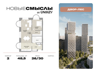 Планировка двухкомнатной(квартира) площадью 48.5 квадратных метров в ЖК “ЖК Новые смыслы”
