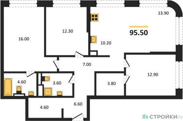 Планировка трехкомнатной(квартира) площадью 95.5 квадратных метров в “ЖК STONE Sokolniki (Сокольники)”