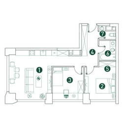 Планировка трехкомнатной(квартира) площадью 64.9 квадратных метров в ЖК “ЖК Вэри на Ботанической”
