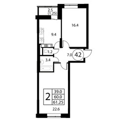Планировка двухкомнатной(квартира) площадью 61.2 квадратных метров в ЖК “ЖК Космос”