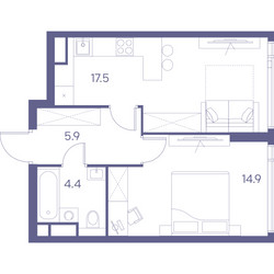 Планировка однокомнатной(квартира) площадью 42.7 квадратных метров в ЖК “ЖК THE LOT by Akvilon”